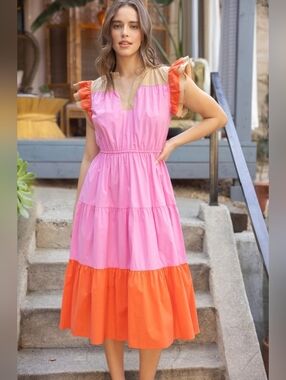 NWT VOY Short Sleeve Tiered Pink & Orange Cotton Colorblock Midi Dress Size L